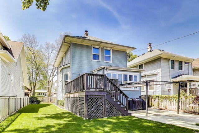 518 Clarence Ave, Oak Park, IL 60304 - back of house with a chimney, stairs, a wooden deck, and a patio area