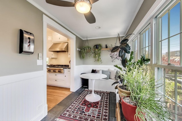 518 Clarence Ave, Oak Park, IL 60304 - bathroom with ornamental molding, healthy amount of natural light, wainscoting, ceiling fan, and decorative backsplash