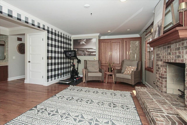 5 Piper Ln, Hawthorn Woods, IL 60047 - sitting room with a brick fireplace, crown molding, baseboards, dark wood-style flooring, and recessed lighting