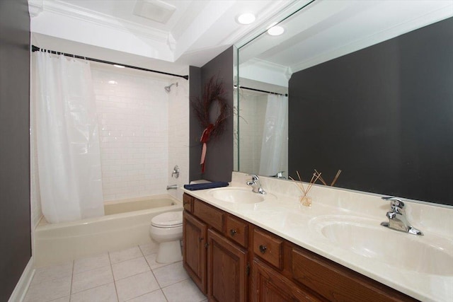 5 Piper Ln, Hawthorn Woods, IL 60047 - bathroom featuring ornamental molding, tile patterned floors, shower / bathtub combination with curtain, toilet, and double vanity
