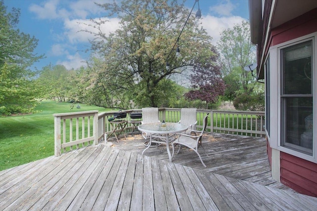 5 Piper Ln, Hawthorn Woods, IL 60047 - wooden terrace featuring outdoor dining area, a lawn, and view of scattered trees