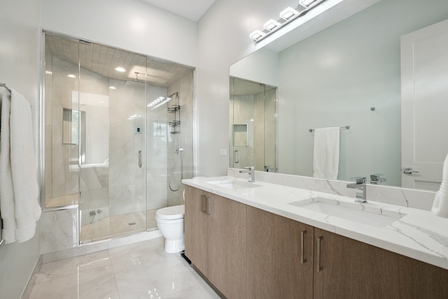3101 N Ridgeway Ave Unit 2C, Chicago, IL 60618 - bathroom featuring a marble finish shower, double vanity, marble finish floors, and toilet