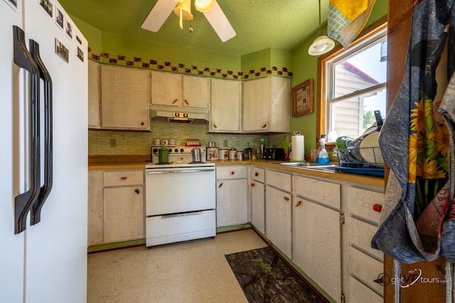 5567 N Mill Creek Rd, Scales Mound, IL 61075 - kitchen featuring white appliances, under cabinet range hood, a ceiling fan, decorative backsplash, and decorative light fixtures