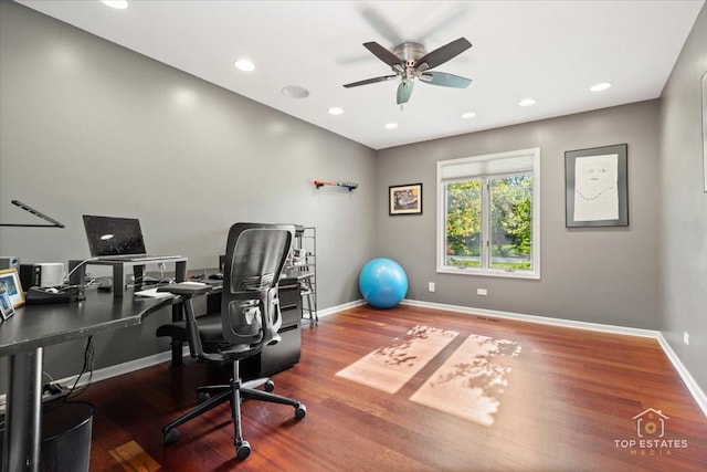 203 Royal Ct, Prospect Heights, IL 60070 - office area with a ceiling fan, wood finished floors, baseboards, and recessed lighting