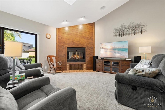 203 Royal Ct, Prospect Heights, IL 60070 - carpeted living area with lofted ceiling, a fireplace, and wooden walls