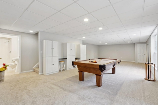 2913 Glenarye Dr, Lindenhurst, IL 60046 - recreation room with light carpet, billiards table, recessed lighting, a drop ceiling, and baseboards