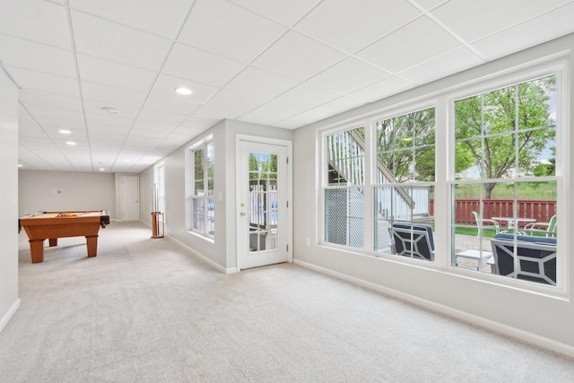2913 Glenarye Dr, Lindenhurst, IL 60046 - rec room featuring carpet flooring, baseboards, billiards table, a drop ceiling, and recessed lighting