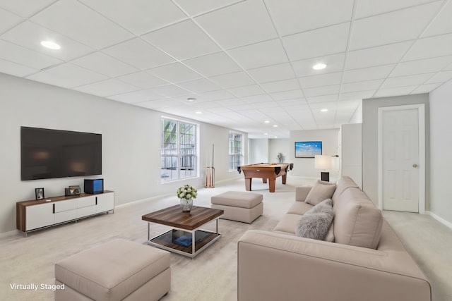 2913 Glenarye Dr, Lindenhurst, IL 60046 - carpeted living area featuring billiards, baseboards, recessed lighting, and a drop ceiling