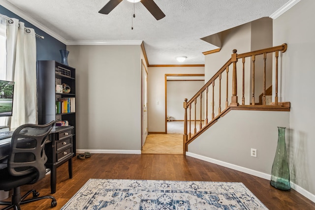 2610 Worthington Dr, Champaign, IL 61822 - office with ceiling fan, wood finished floors, a textured ceiling, ornamental molding, and baseboards