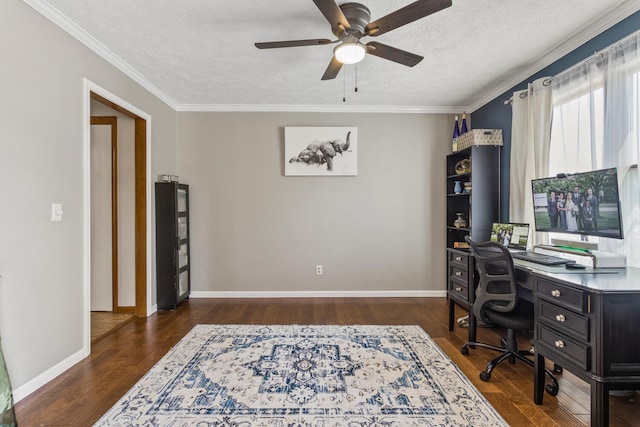 2610 Worthington Dr, Champaign, IL 61822 - home office featuring a ceiling fan, wood finished floors, crown molding, a textured ceiling, and baseboards
