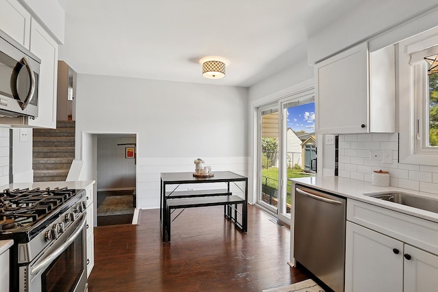 17719 Oakwood Dr, Tinley Park, IL 60487 - kitchen featuring appliances with stainless steel finishes, healthy amount of natural light, dark wood-style floors, light countertops, and wainscoting