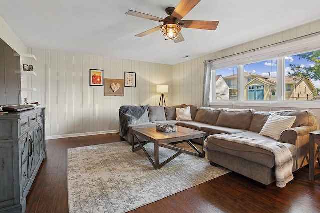 17719 Oakwood Dr, Tinley Park, IL 60487 - living room with ceiling fan, dark wood finished floors, and baseboards