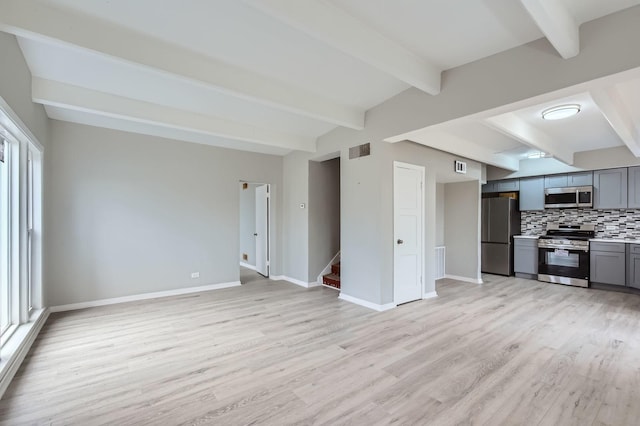 unfurnished living room with stairs, light wood-type flooring, and baseboards