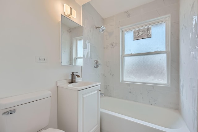 full bath featuring toilet, shower / washtub combination, and vanity