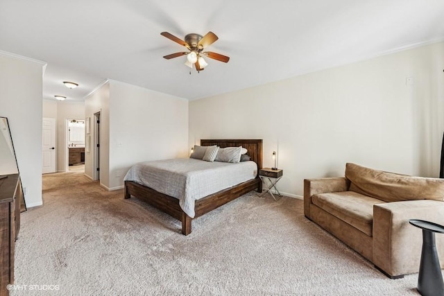 21827 W Riviera Ct, Ivanhoe, IL 60060 - bedroom with baseboards, light carpet, ornamental molding, and a ceiling fan