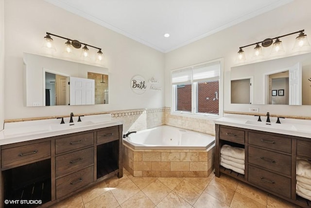 21827 W Riviera Ct, Ivanhoe, IL 60060 - bathroom featuring a bath, ornamental molding, two vanities, a shower stall, and tile patterned flooring