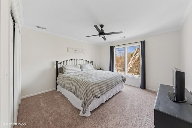 21827 W Riviera Ct, Ivanhoe, IL 60060 - bedroom with crown molding, baseboards, light colored carpet, and ceiling fan