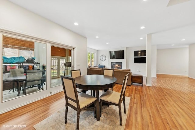 21827 W Riviera Ct, Ivanhoe, IL 60060 - dining space with light wood-type flooring, a glass covered fireplace, baseboards, and recessed lighting