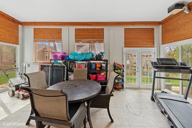 21827 W Riviera Ct, Ivanhoe, IL 60060 - sunroom / solarium with french doors, tile patterned flooring, and wooden walls
