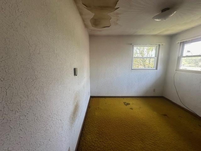 carpeted spare room featuring baseboards and a textured wall