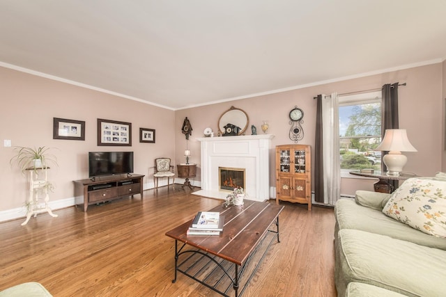 427 Leonard St, Park Ridge, IL 60068 - living area featuring crown molding, wood finished floors, a fireplace with flush hearth, and baseboards