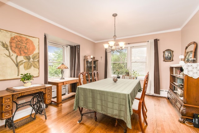 427 Leonard St, Park Ridge, IL 60068 - dining area featuring a chandelier, light wood finished floors, ornamental molding, plenty of natural light, and a baseboard radiator