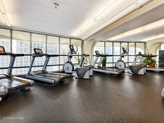 exercise room with floor to ceiling windows and arched walkways