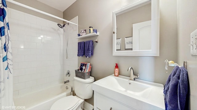 full bath with shower / bathtub combination with curtain, toilet, and vanity