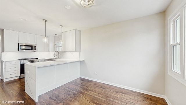 3524 N Natoma Ave, Chicago, IL 60634 - kitchen featuring appliances with stainless steel finishes, a sink, a peninsula, tasteful backsplash, and dark wood-style flooring