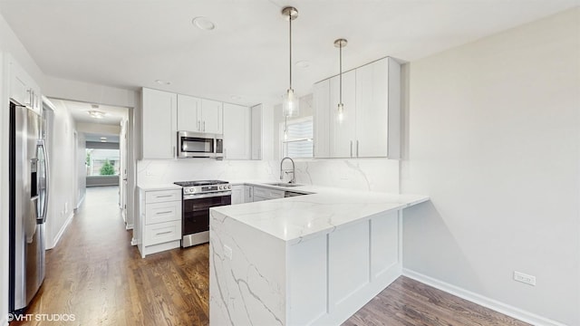 3524 N Natoma Ave, Chicago, IL 60634 - kitchen featuring stainless steel appliances, a peninsula, dark wood-style floors, light stone countertops, and a sink