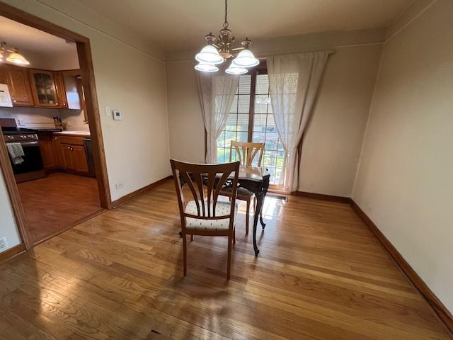 dining room featuring a chandelier, baseboards, and light wood finished floors