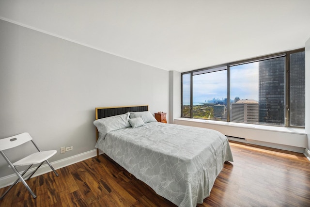 bedroom with wood finished floors, baseboards, and a city view