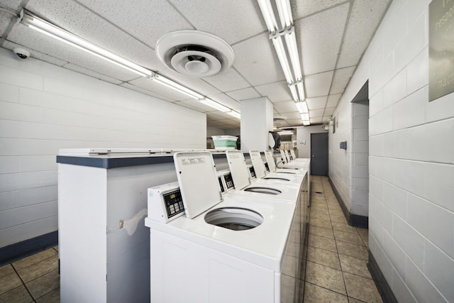 5455 N Sheridan Rd Unit 3804, Chicago, IL 60640 - shared laundry with independent washer and dryer, dark tile patterned floors, and concrete block wall