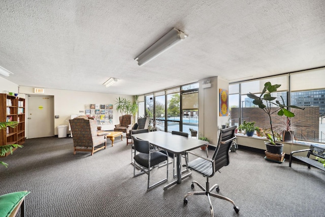 carpeted home office with a textured ceiling