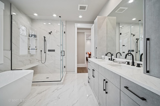 3701 Knollwood Ln, Glenview, IL 60025 - full bath with a marble finish shower, recessed lighting, marble tiled floors, double vanity, and a soaking tub