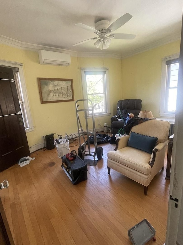 6108 N Maplewood Ave, Chicago, IL 60659 - living room with a wall mounted AC, healthy amount of natural light, wood-type flooring, and crown molding