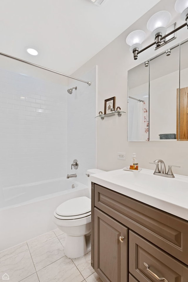 full bathroom with toilet, shower / bath combo, vanity, and tile patterned flooring