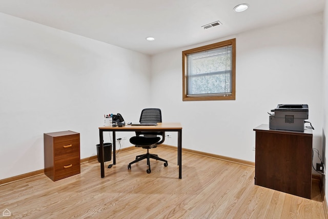 office with light wood-style flooring, baseboards, and recessed lighting