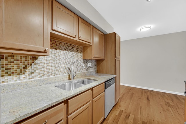 kitchen with a sink, stainless steel dishwasher, light wood-type flooring, baseboards, and tasteful backsplash