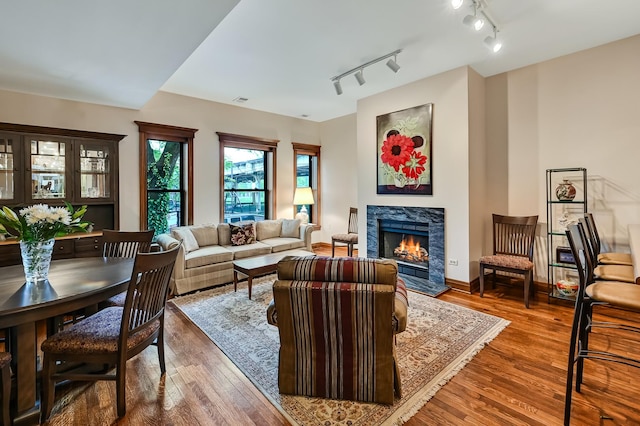 1050 W Buena Ave Unit 1A, Chicago, IL 60613 - living area featuring track lighting, wood finished floors, and a high end fireplace