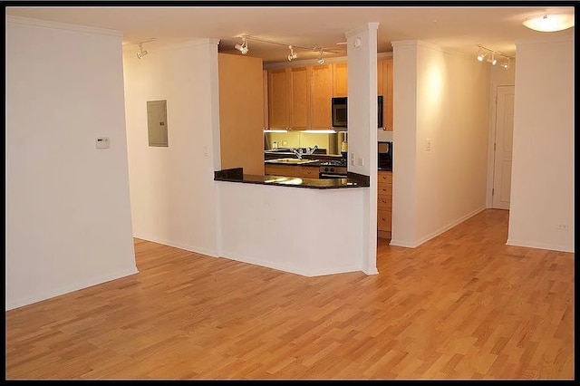 kitchen with track lighting, dark countertops, light wood finished floors, electric panel, and crown molding
