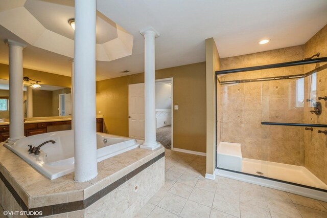 3140 Juniper Ct, Lynwood, IL 60411 - full bath featuring a bath, a shower stall, tile patterned flooring, decorative columns, and baseboards