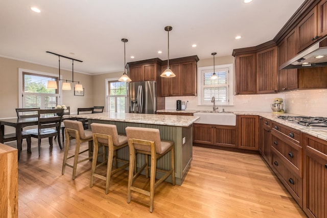 1116 S Aldine Ave, Park Ridge, IL 60068 - kitchen featuring appliances with stainless steel finishes, a sink, a center island, decorative backsplash, and light wood-style floors