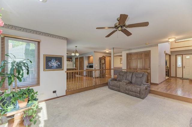 carpeted living room featuring a ceiling fan, baseboards, and a chandelier