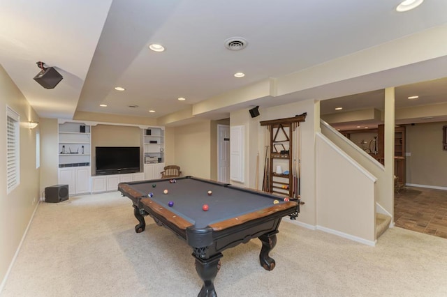 rec room featuring baseboards, light carpet, recessed lighting, billiards table, and built in features