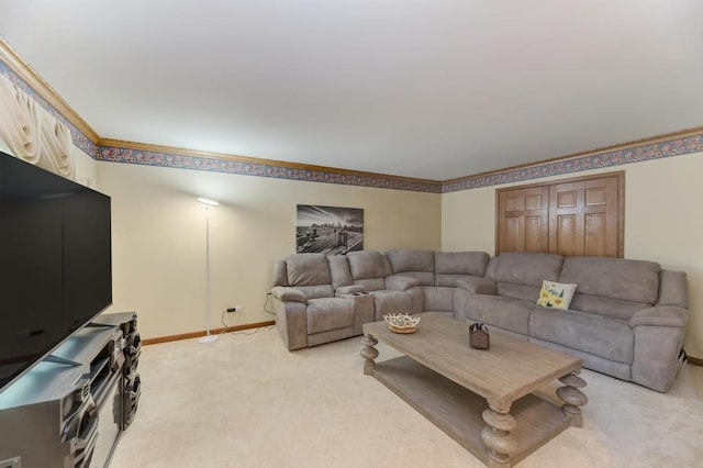living room featuring light carpet and baseboards