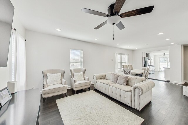 7715 W Patterson Ave, Chicago, IL 60634 - living area featuring ceiling fan, dark wood-style floors, recessed lighting, and baseboards