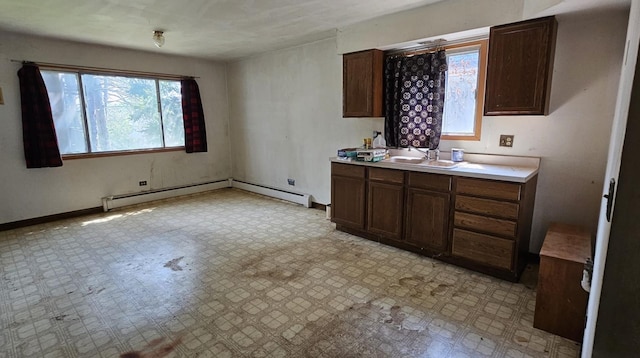 422 Ryerson Ave, Elgin, IL 60123 - kitchen with a sink, light countertops, light floors, a baseboard radiator, and dark brown cabinetry