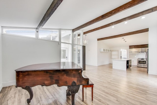 523 Green Bay Rd, Highland Park, IL 60035 - living area featuring beam ceiling, light wood finished floors, baseboards, and recessed lighting