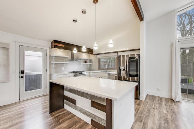 523 Green Bay Rd, Highland Park, IL 60035 - kitchen with appliances with stainless steel finishes, open shelves, a sink, light wood-style floors, and white cabinetry